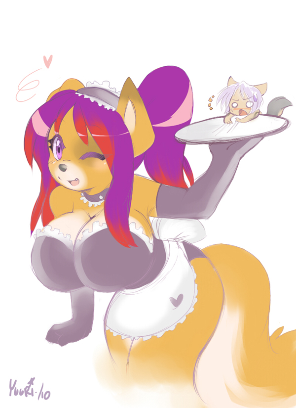 anthro big_breasts breasts clothing female heart_symbol huge_breasts maid_uniform one_eye_closed plate solo tail uniform wink cyn. fyxe canid canine mammal digital_media_(artwork) shaded