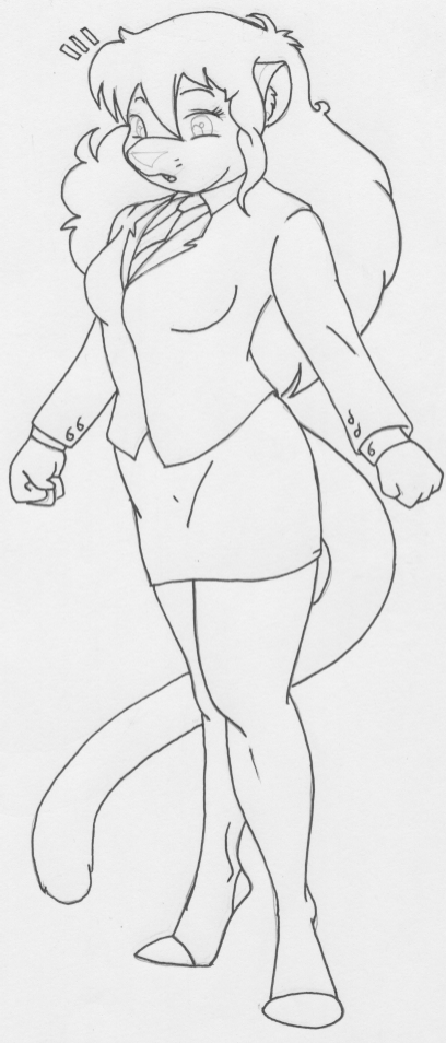 anthro bottomwear breast_expansion breasts businesswear clothed clothing expansion female hair legwear necktie office_clothing open_mouth skirt solo stockings danellz kathy_(danellz) felid lion mammal pantherine 2009 monochrome sketch traditional_media_(artwork)