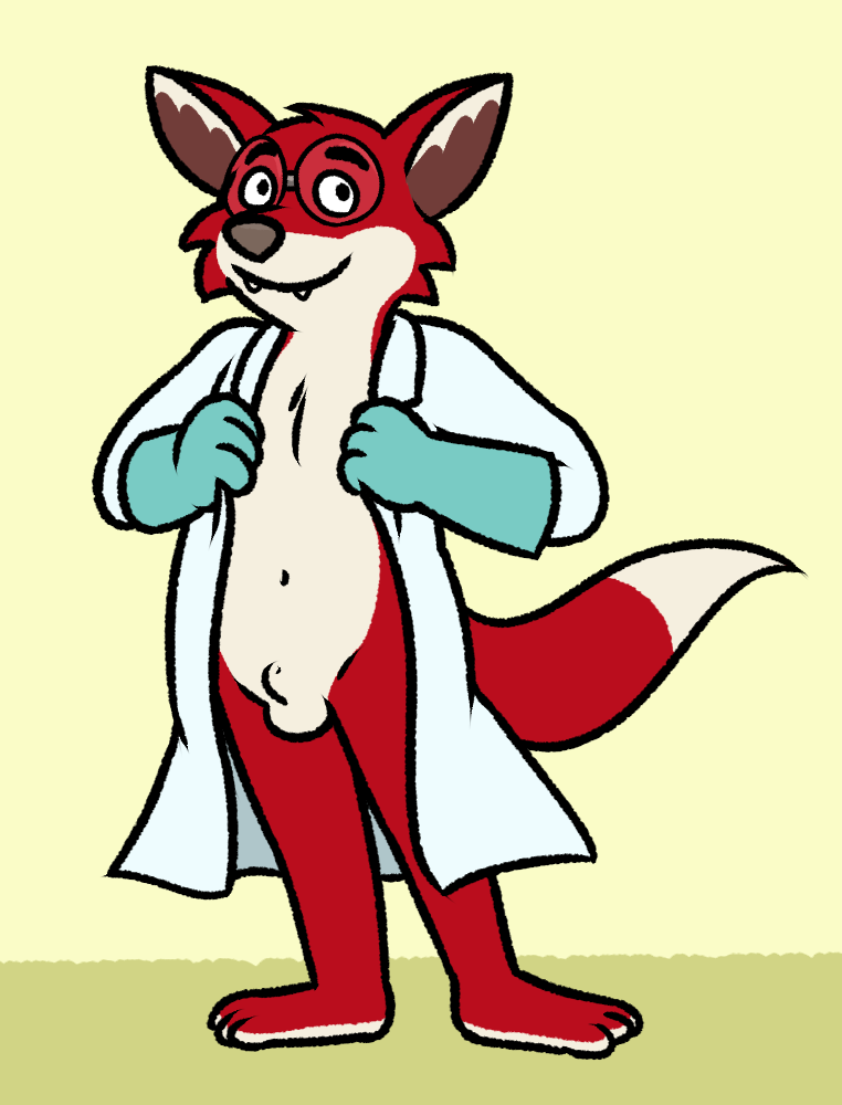 animal_genitalia anthro balls barefoot bottomless clothed clothing coat eyewear feet fur genitals glasses gloves handwear lab_coat lab_coat_only looking_at_viewer male red_body red_fur sheath solo standing topwear nishi_oxnard bob's_burgers professor_foxtail canid canine fox mammal