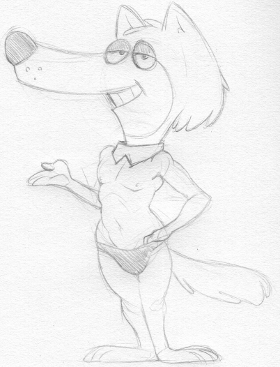 anthro clothing fingers half-closed_eyes head_tuft looking_at_viewer male mostly_nude narrowed_eyes nipples smile solo standing tuft underwear sbshouseofpancakes hanna-barbera it's_the_wolf jellystone_(hbo_max) mildew_wolf canid canine canis mammal wolf monochrome sketch traditional_media_(artwork)