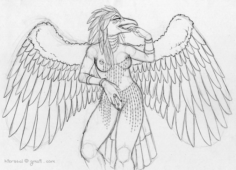 anthro beak breasts egyptian feathered_wings feathers female genitals nipple_chain nipples non-mammal_breasts non-mammal_nipples nude piercing pussy solo wings kierstal avian monochrome