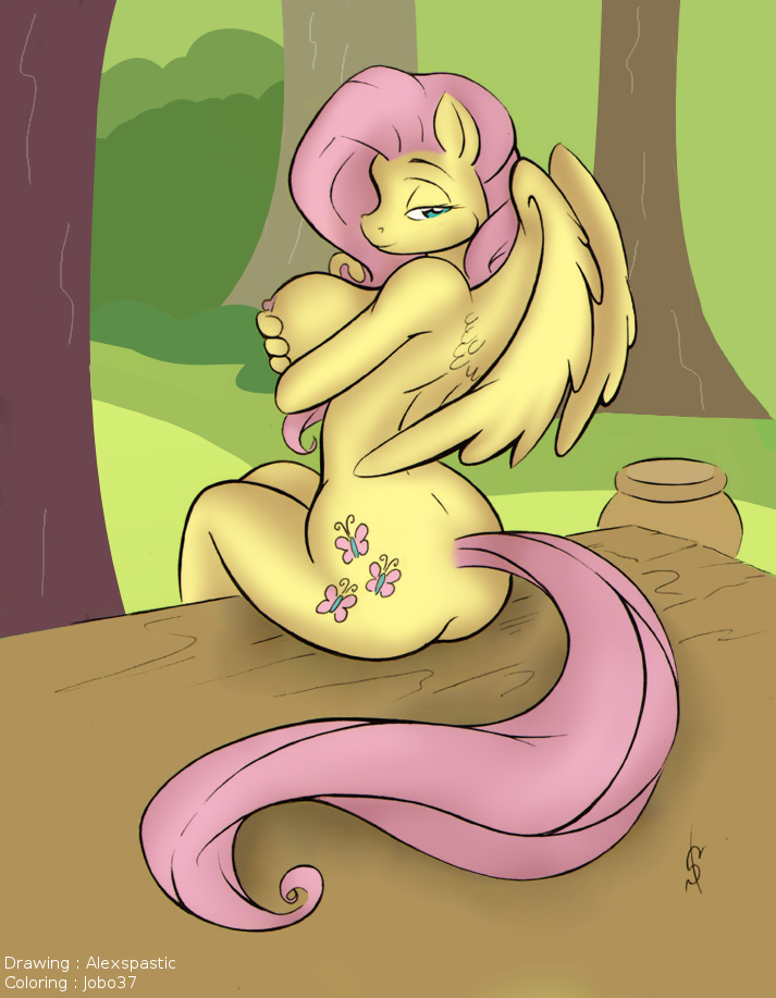 anthro anthrofied biped blue_eyes breasts butt cutie_mark feathered_wings feathers female furniture grass hair looking_at_viewer looking_back nipples outside pink_hair plant sitting solo table tree wings yellow_body yellow_feathers alex_spastic jobo37 friendship_is_magic hasbro my_little_pony mythology fluttershy_(mlp) equid equine mammal mythological_creature mythological_equine pegasus 2013