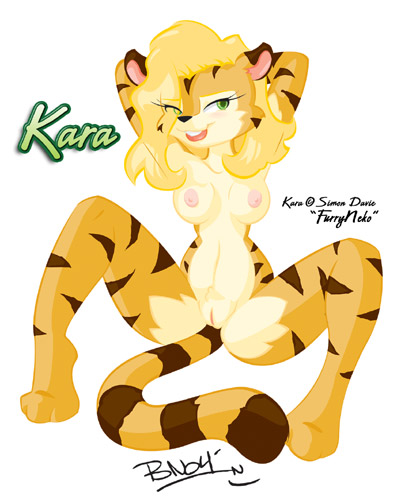 anthro blonde_hair breasts female genitals green_eyes hair nipples nude pussy raised_arm solo spread_legs spreading stripes tail omgtkb kara_(furryneko) felid mammal pantherine tiger