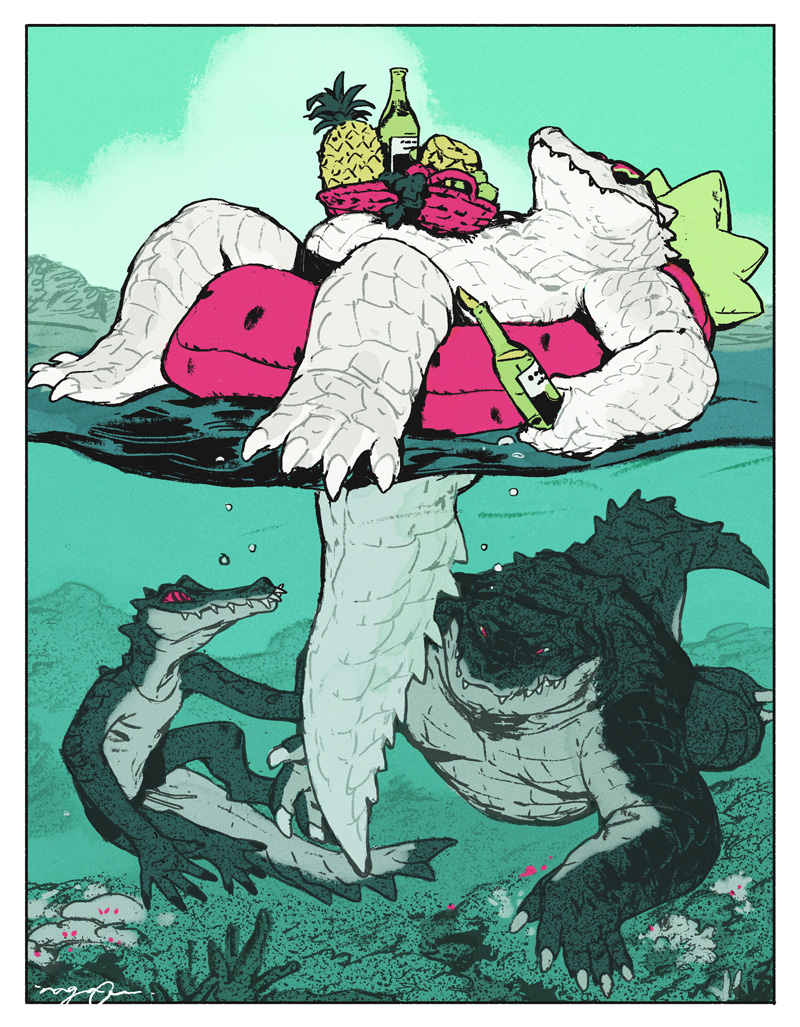 alcohol anthro beverage biped border countershade_scales countershading green_body green_scales group male overweight overweight_anthro overweight_male red_eyes scales sea slim_anthro slim_male trio underwater water white_body white_border white_countershading white_scales mucknagabe alligator alligatorid crocodilian reptile scalie 2024