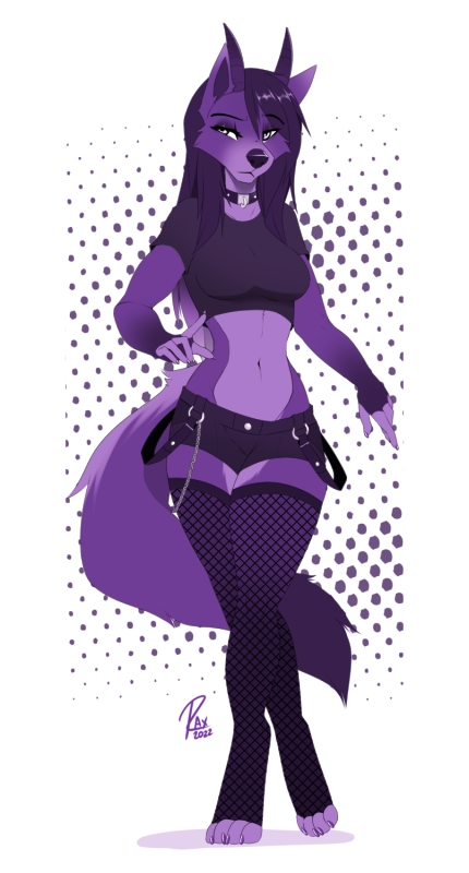 4_toes 5_fingers anthro breasts clothed clothing eyebrows eyelashes feet female fingers fur hair purple_body purple_fur purple_hair solo standing toes wolflady kristal_carol canid canine canis mammal wolf 2022 digital_media_(artwork)