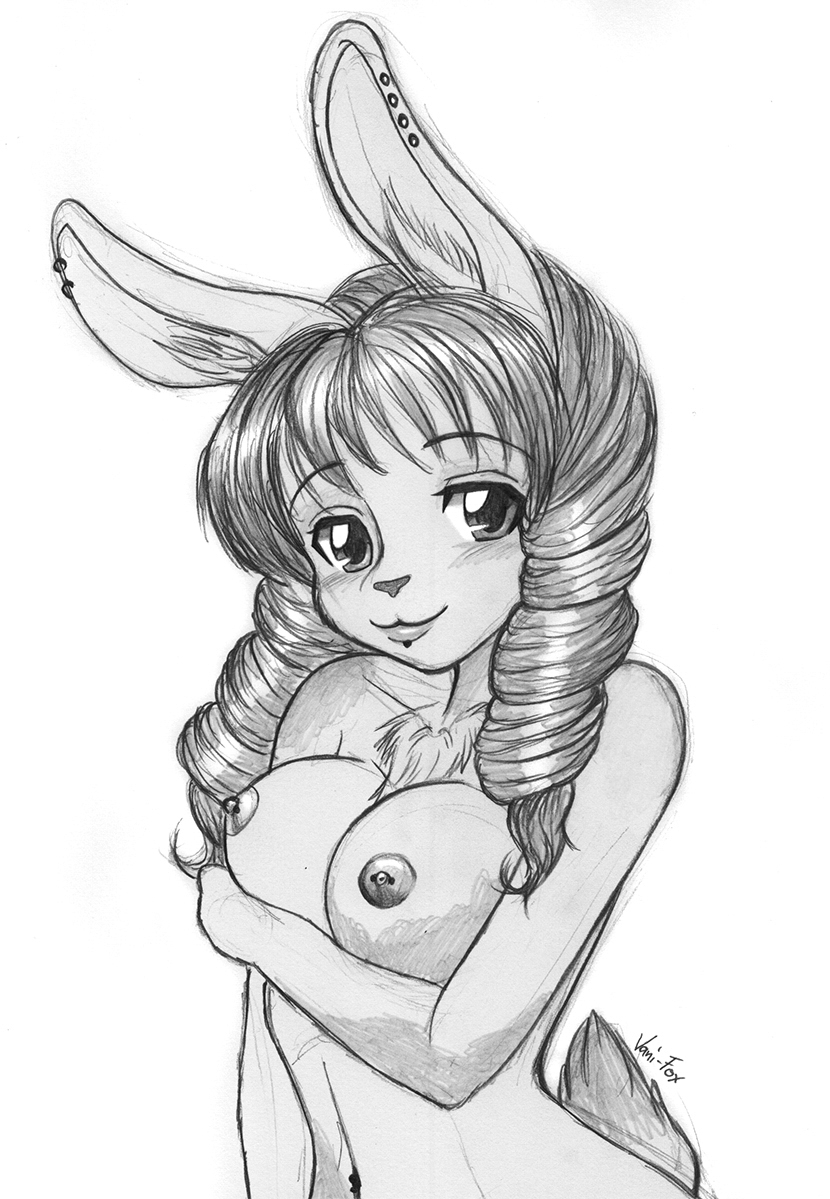 anthro areola breasts female looking_at_viewer nipple_piercing nipples nude piercing smile solo vani-fox lagomorph leporid mammal rabbit monochrome sketch