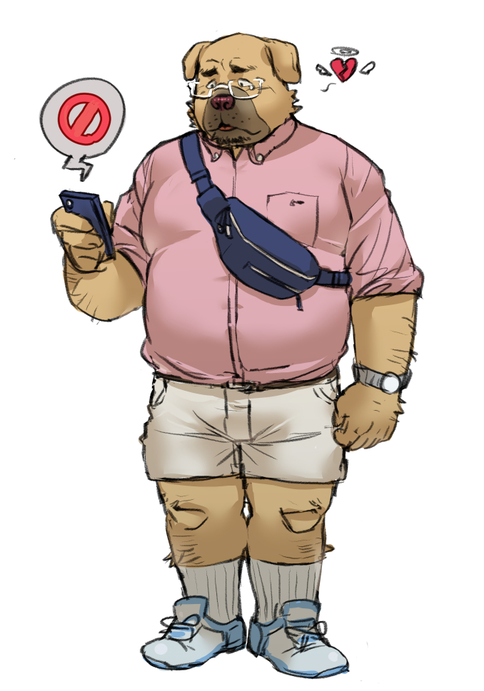 anthro bottomwear brown_body cellphone clothing electronics eyewear glasses kemono male overweight overweight_male phone sad shirt shorts smartphone solo topwear amamiya canid canine canis domestic_dog mammal 2023