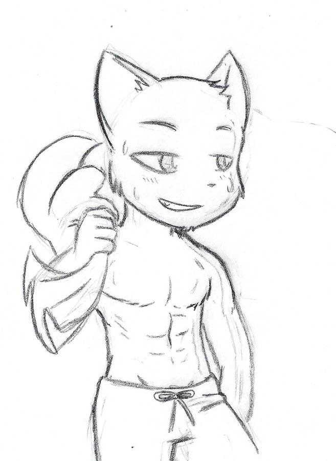 adolescent anthro bottomwear clothed clothing denim denim_bottomwear denim_clothing fur jeans male muscular muscular_anthro muscular_male muscular_young pants pecs solo topless towel young young_anthro etchgerbil bittersweet_candy_bowl mike_(bcb) domestic_cat felid feline felis korat_cat mammal monochrome sketch