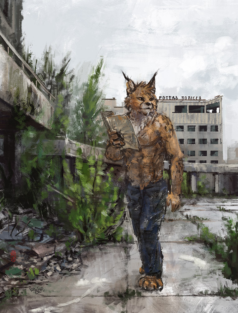 anthro biped bottomwear brown_body brown_fur clothed clothing denim denim_bottomwear denim_clothing fur jeans male outside pants pripyat solo standing text topless racoonwolf felid feline lynx mammal 2014 translated ukrainian_text