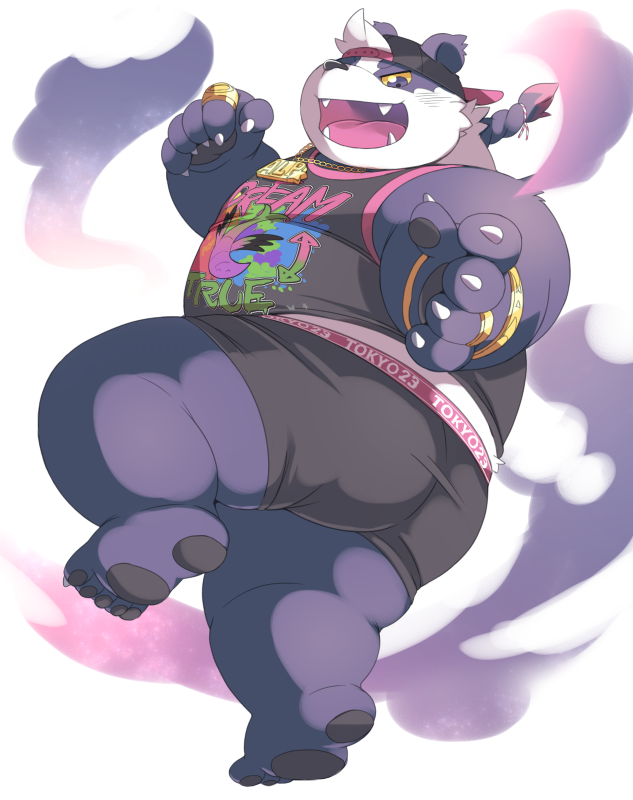 anthro belly butt clothing fur hat headgear headwear humanoid_hands male overweight overweight_anthro overweight_male purple_body purple_fur shirt solo teeth text tongue topwear underwear ayame42612 lifewonders tokyo_afterschool_summoners alp_(tas) bear giant_panda mammal 2019 english_text