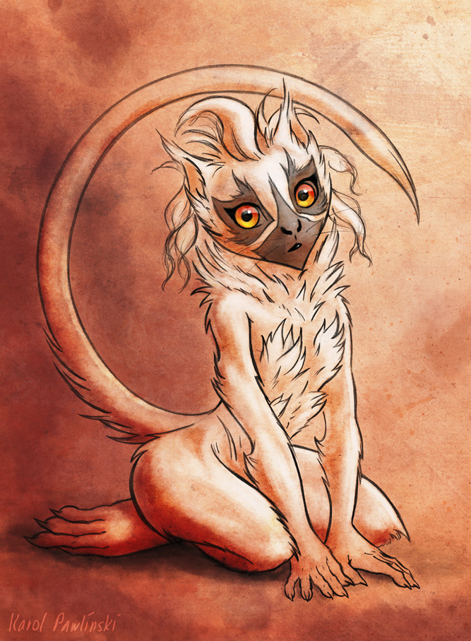 amber_eyes black_sclera chest_tuft feet female fur kneeling looking_at_viewer nude prehensile_feet solo tail toes tuft karol_pawlinski lemur mammal primate sifaka silky_sifaka strepsirrhine sketch