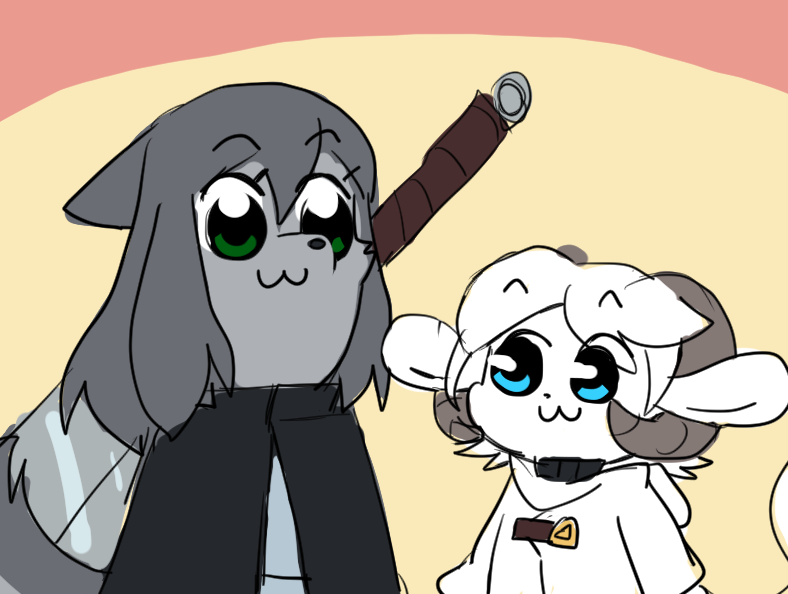 anthro big_sword blue_eyes clothing collar duo female fur green_eyes grey_body grey_fur horn male male/female white_body white_fur fiddleafox pop_team_epic eina_(fiddleafox) sigrid_(fiddleafox) alpine_goat bovid canid canine canis caprine domestic_goat goat mammal wolf