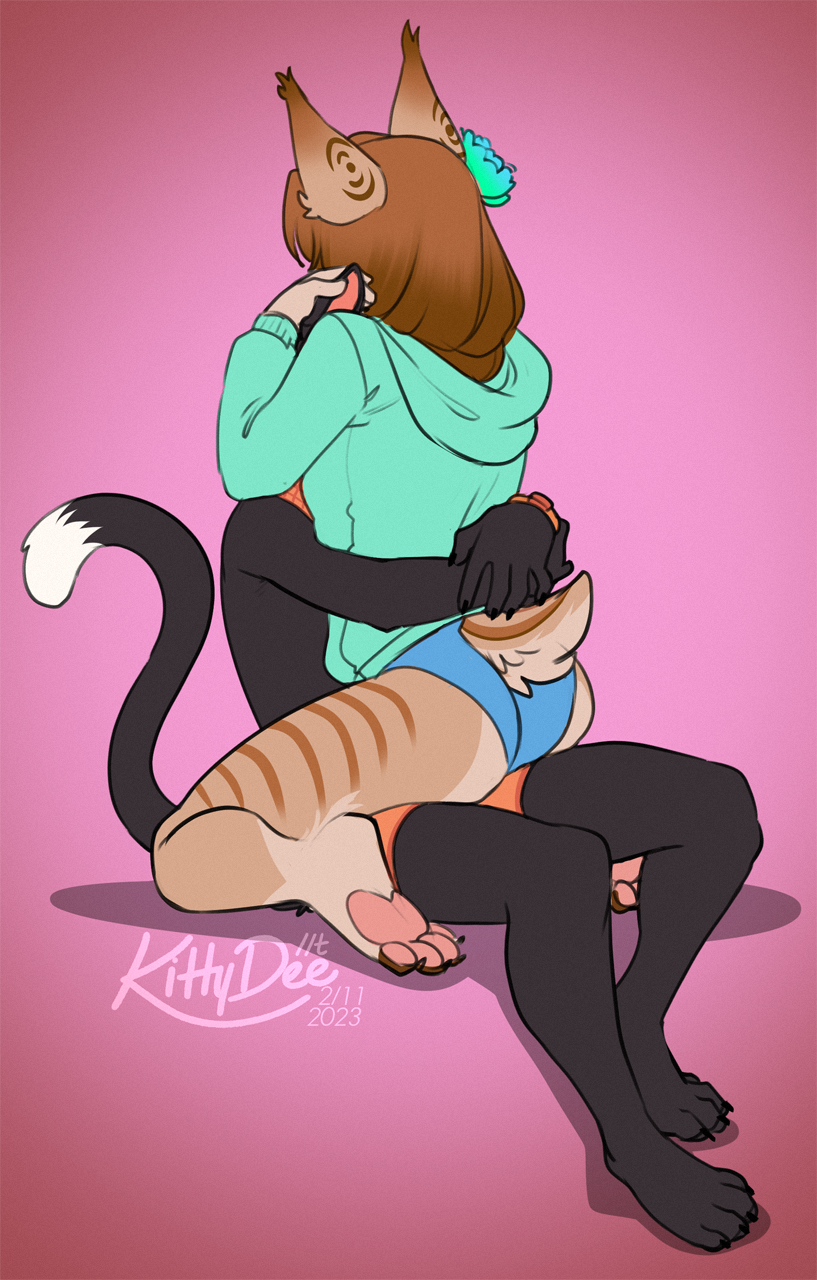 4_toes 5_fingers anthro breasts brown_hair clothed clothing cuddling duo feet female fingers hair head_on_breast head_on_chest hug kneeling toes kittydee samantha_(sil_blackmon) sil_blackmon 2023 digital_media_(artwork) hi_res