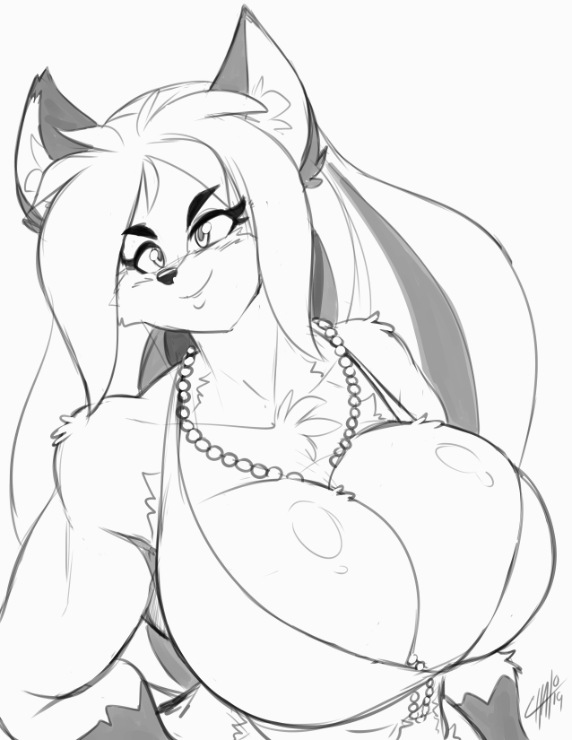 anthro athletic athletic_anthro athletic_female big_breasts bikini breasts cleavage clothed clothing female gem hair huge_breasts jewelry long_hair looking_aside necklace pearl_(gem) pearl_necklace smile solo swimwear two-piece_swimsuit chalo kaia_morgan canid canine fox mammal monochrome