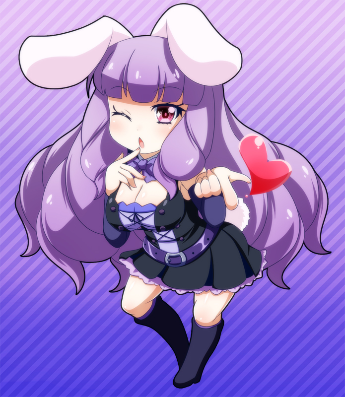 alternative_fashion big_breasts blush breasts chibi ero_lolita female hair heart_symbol huge_breasts j-fashion lolita_(fashion) long_boots long_hair one_eye_closed open_mouth purple_eyes purple_hair seductive simple_background solo oboro_kakeru sanrio show_by_rock!! chuchu_(show_by_rock!!) animal_humanoid humanoid lagomorph lagomorph_humanoid leporid leporid_humanoid mammal mammal_humanoid rabbit rabbit_humanoid