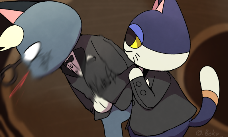 anthro black_body black_fur blonde_hair blood bodily_fluids bottomless bow_tie clothed clothing duo eyewear face_slap fur glasses grey_body grey_fur hair male nosebleed slap suit topwear violence boke_(artist) animal_crossing nintendo will_smith_slapping_chris_rock punchy_(animal_crossing) raymond_(animal_crossing) domestic_cat felid feline felis mammal 5:3