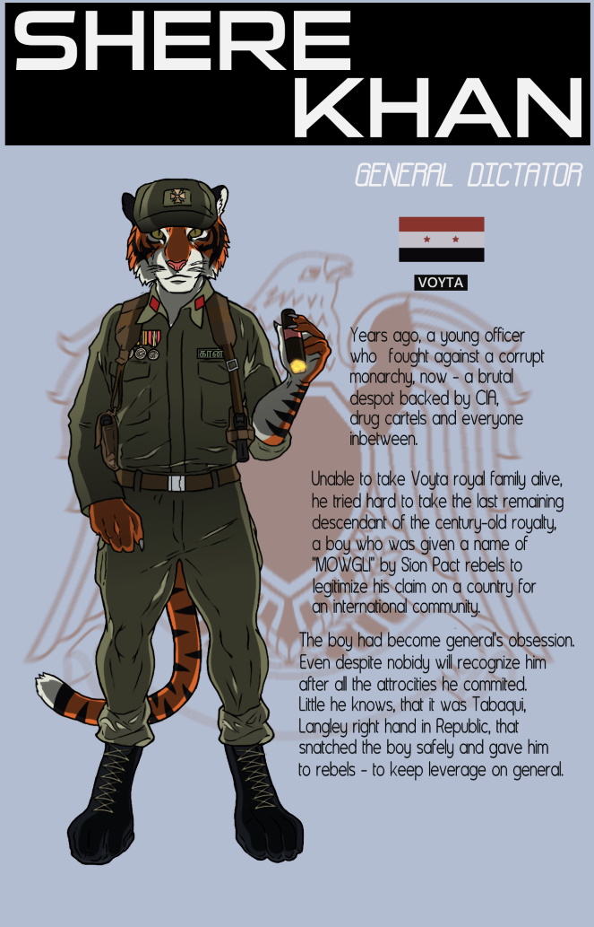 anthro army battle belt boots bottomwear cigar claws clothed clothing combat_boots countershading dictator digitigrade fanfiction fatigues flag flag_(shape) flag_design footwear fully_clothed gun handgun hat headgear headwear holster jackboots jacket leader male medal military pants pistol_holster ranged_weapon shoes smoking solo stripes text topwear weapon aleone shere_khan bengal_tiger felid mammal pantherine tiger english_text