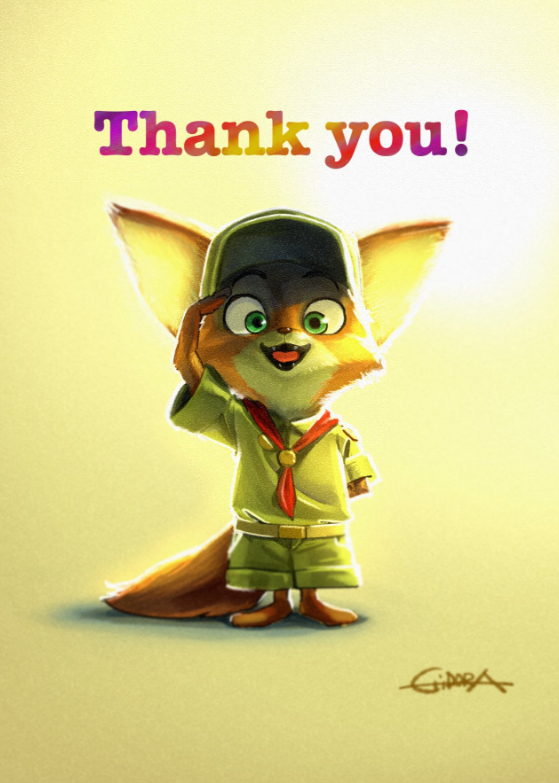 anthro bottomwear clothed clothing cute_fangs exclamation_point fangs fully_clothed fur gesture green_eyes light looking_at_viewer male open_mouth open_smile orange_body orange_fur salute shirt shorts simple_background smile solo standing teeth text topwear yellow_background young young_anthro gidora_(artist) disney zootopia nick_wilde canid canine fox mammal red_fox true_fox english_text lighting signature