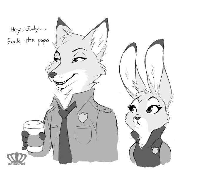 anthro beverage clothing coffee coffee_cup container cup duo female male police police_uniform profanity simple_background text uniform white_background princessharumi disney zootopia judy_hopps nick_wilde canid canine fox lagomorph leporid mammal rabbit red_fox true_fox english_text greyscale half-length_portrait monochrome portrait