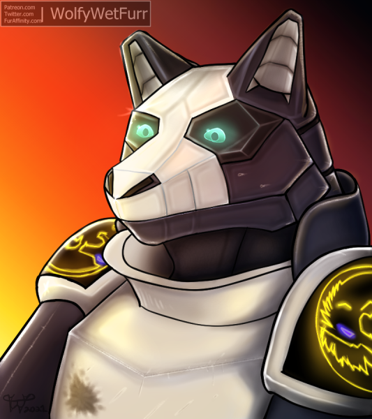 armor dracoloup_co glowing glowing_eyes science_fiction solo wolfywetfurr_(artist) grayhypolf canid canine mammal bust_portrait portrait