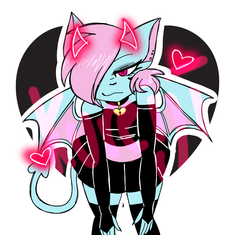 anthro bat_wings black_clothing blue_body blue_fur blue_skin clothing collar ear_piercing eyeshadow femboy filter fur gloves hair handwear heart_symbol holidays legwear long_tail looking_at_viewer makeup male membrane_(anatomy) membranous_wings piercing pink_eyes pink_hair pose short_hair solo spade_tail tail thigh_highs topwear wings crazy_guy_(artist) valentine's_day terry_bat bat demon mammal succubus 1:1