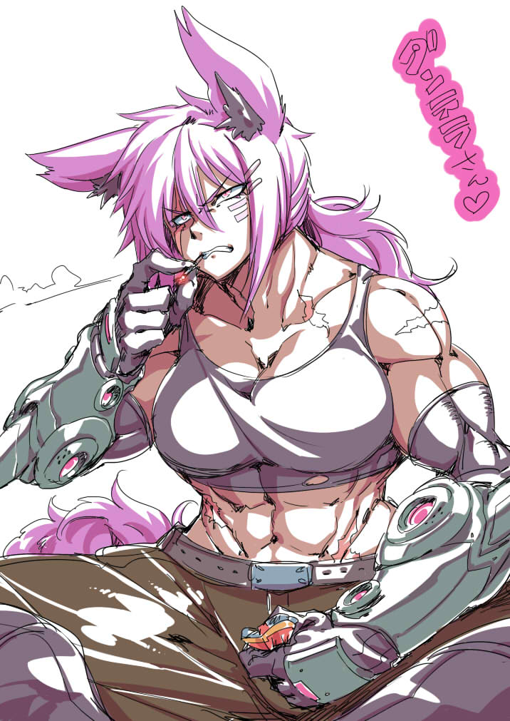 abs angry breasts cigarette clothing crop_top cybernetics eye_scar facial_scar female hair holding_object machine midriff muscular muscular_female navel pink_eyes pink_hair ponytail scar shirt short_hair smoking text topwear tsuki_wani dantera_lina animal_humanoid canid canid_humanoid canine canine_humanoid cyborg humanoid mammal mammal_humanoid wolf_humanoid japanese_text translated