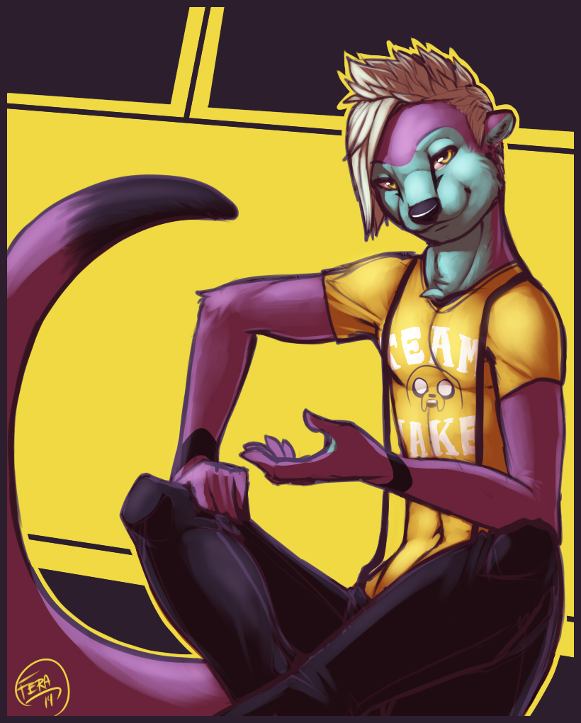 anthro biped black_nose blonde_hair clothed clothing fur hair male shirt sitting solo topwear yellow_eyes feralise captain_otter jad'thor hybrid mammal mustelid otter 2014