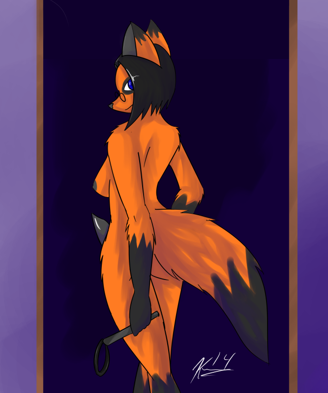 anthro back_boob black_hair black_nipples black_penis blue_eyes breasts erection eyewear fur glasses gynomorph hair intersex looking_at_viewer looking_back nipples nude orange_body orange_fur penis solo fallenfolf xeila canid canine canis fox hybrid mammal wolf 2014