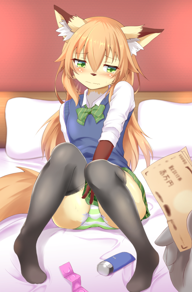 anthro bed bulge clothed clothing condom crossdressing femboy fur furniture green_eyes hair legwear male orange_hair panties pillow sexual_barrier_device solo stockings text underwear white_body white_fur yellow_body yellow_fur an_chobi94 remu-kun canid canine fox mammal 2020 translation_request