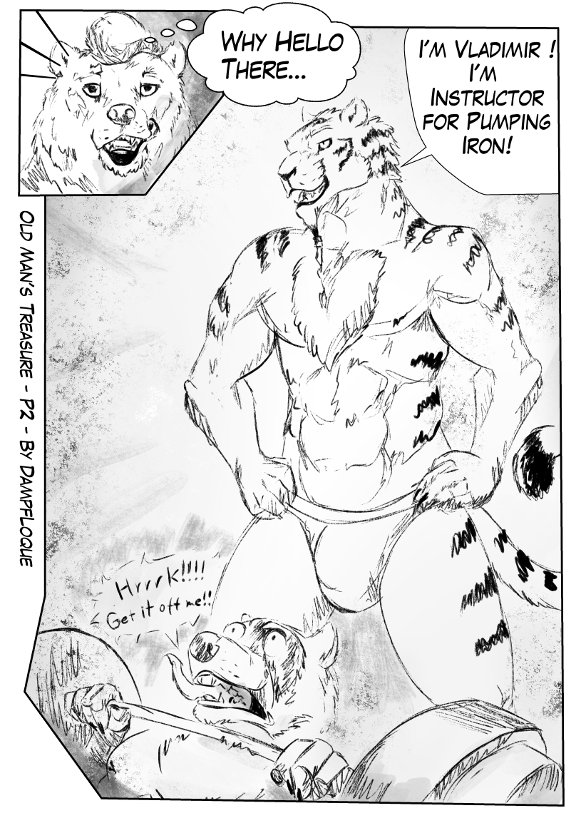 anthro barazoku barbell bulge clothed clothing dialogue group hands_on_hips jockstrap male male/male muscular muscular_male text topless underwear underwear_only loque bear felid mammal pantherine procyonid raccoon siberian_tiger tiger comic english_text greyscale monochrome