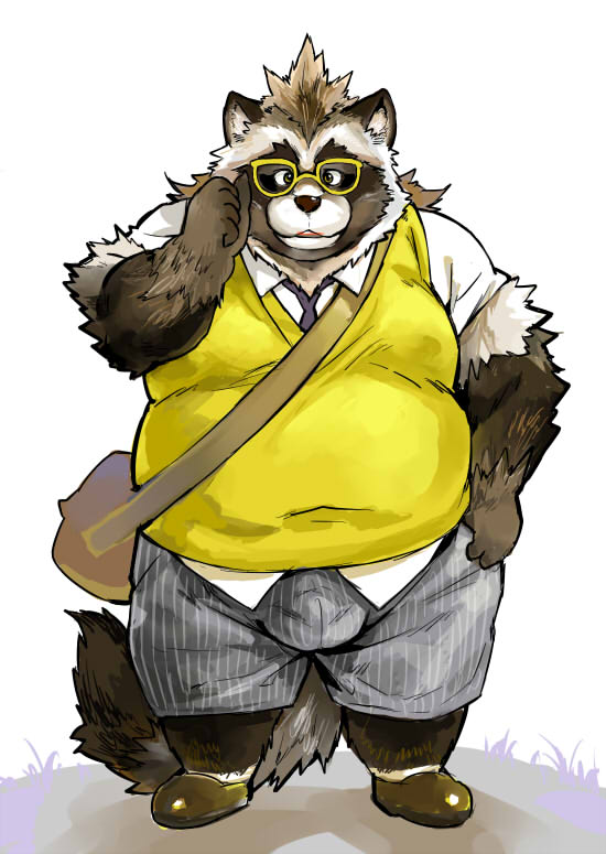 5_fingers anthro biped bottomwear brown_body brown_eyes brown_fur brown_hair bulge clothed clothing eyewear facial_markings fingers footwear front_view fully_clothed fur glasses hair hand_on_hip head_markings kemono legwear looking_at_viewer male markings muzzle_(marking) overweight overweight_anthro overweight_male shirt shoes shorts shoulder_bag simple_background snout snout_markings socks solo standing topwear vest white_background white_body white_fur nekomarudon tanukimaru canid canine mammal raccoon_dog tanuki