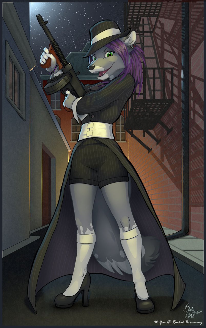 1920s_theme anthro biped bracelet city clothed clothing detailed_background fedora female footwear fully_clothed green_eyes grey_body gun hair hat headgear headwear high_heels holding_gun holding_object holding_ranged_weapon holding_weapon jewelry long_hair night outside purple_hair ranged_weapon shoes sky solo star starry_sky submachine_gun tail thompson_gun weapon bradydalton canid canine canis mammal wolf 2009 hi_res