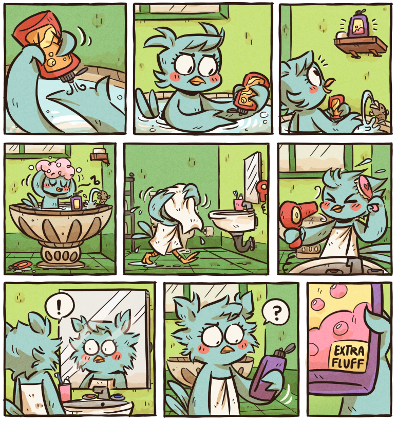 anthro bathing beak biped birdbath dryer exclamation_point eyebrows female hair_dryer holding_object mirror musical_note musical_symbol question_mark solo symbol text towel water young young_anthro young_female z-t00n hoppscotch poppy_(hoppscotch) avian bird comic english_text multiple_scenes