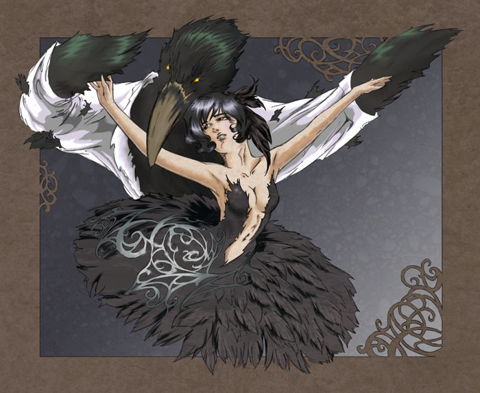 ambiguous_gender anthro beak black_body black_feathers black_hair breasts canon_couple clothing dancing dress duo feather_hands feathers female glistening glistening_body hair iridescent iridescent_feathers yellow_eyes balisongabraxas princess_tutu mytho_(princess_tutu) princess_kraehe avian bird corvid corvus_(genus) human mammal oscine passerine raven