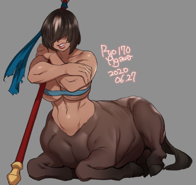 abs big_breasts breasts brown_hair female hair hair_over_eyes muscular muscular_female muscular_taur solo ryo_agawa european_mythology greek_mythology mythology centaur equid equid_taur humanoid_taur mammal mammal_taur taur