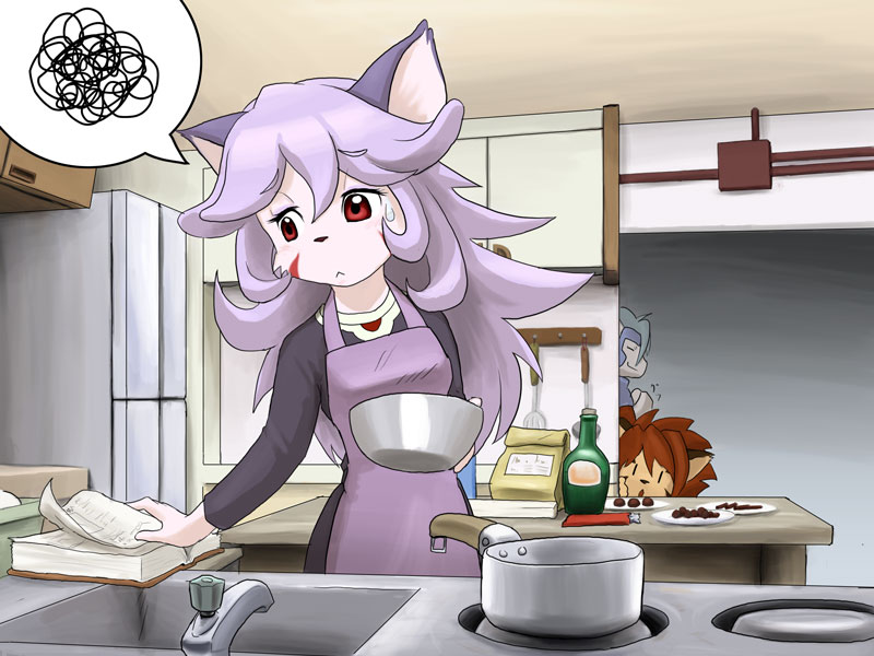 anthro bodily_fluids breasts clothing cooking facial_markings female group hair head_markings kemono kitchen male markings purple_clothing purple_hair red_eyes solo_focus sweat white_body ryu_masakaze cyberconnect2 little_tail_bronx solatorobo calua_napage gren_sacher opera_kranz canid canine caninu canis domestic_cat domestic_dog felid feline felineko felis kishu_inu leopardus mammal ocelot russian_blue spitz 2011 4:3 shaded