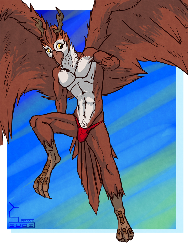 anthro antlers beak feathered_wings feathers flying horn sky solo wings iudicium86 owlalope_(character) avian bird owl digital_media_(artwork)