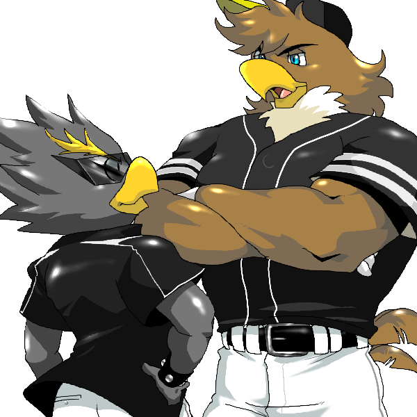 anthro beak belt black_clothing black_topwear bottomwear brown_body brown_feathers clothed clothing crossed_arms duo feathers grey_body grey_feathers looking_at_another male mascot monotone_beak muscular muscular_male simple_background tail tail_feathers topwear white_background white_body white_bottomwear white_clothing white_feathers yellow_beak chikuwabu chiba_lotte_marines fukuoka_softbank_hawks nippon_professional_baseball cool_(chiba_lotte_marines) herculy_hawk accipitrid accipitriform avian bird 1:1