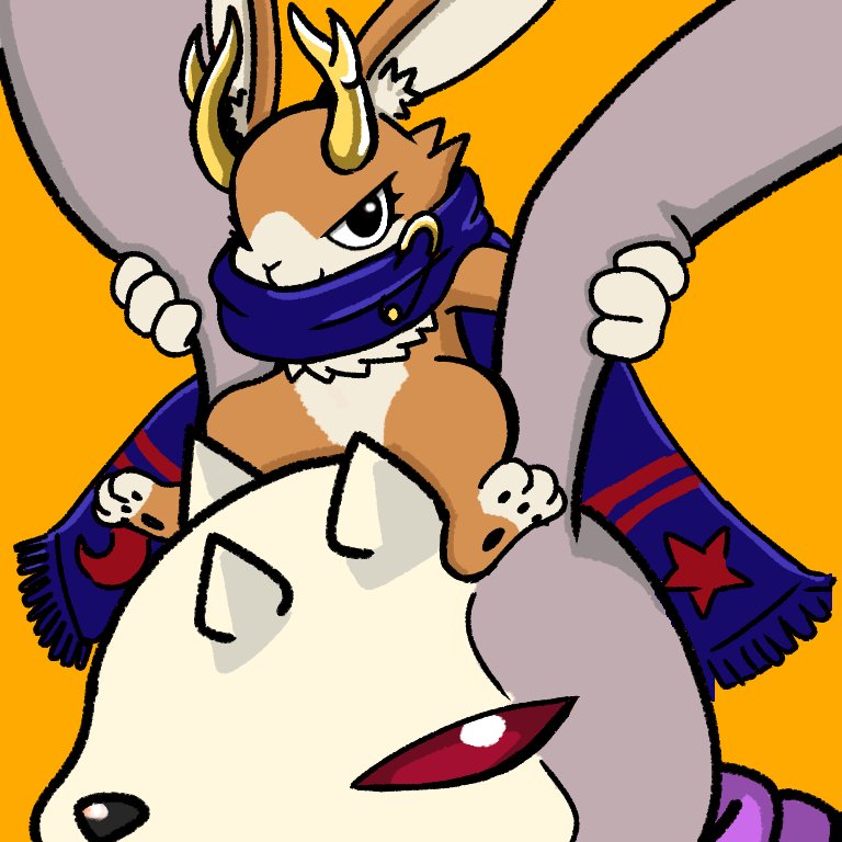 anthro antlers brown_body brown_fur duo fur horn male red_eyes scarf moffmof bandai_namco digimon antylamon digimon_(species) lagomorph leporid mammal pyontomon rabbit 1:1