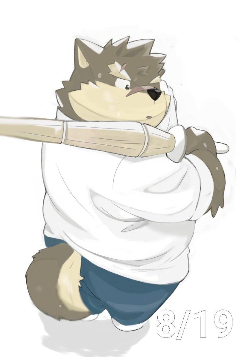 anthro bodily_fluids eyebrows fur grey_body grey_fur male rear_view scar slightly_chubby solo sweat thick_eyebrows wiping_sweat wooden_sword ginsingoo1 lifewonders tokyo_afterschool_summoners moritaka_(tas) canid canine canis domestic_dog mammal