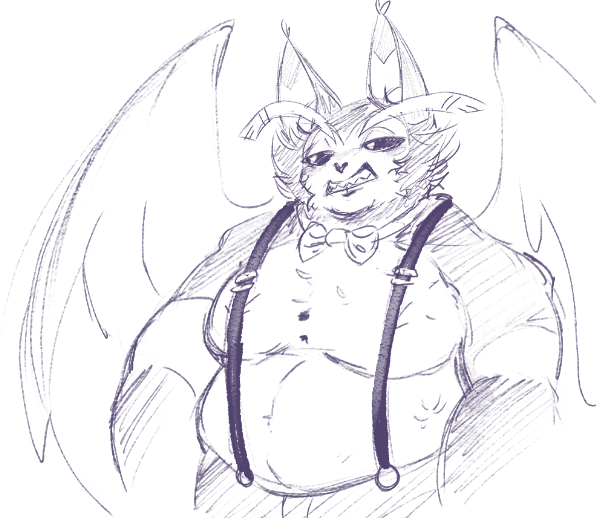 anthro belly bow_tie clenched_teeth clothed clothing ears_up fur male muscular overweight overweight_anthro overweight_male partially_clothed simple_background solo suspenders teeth topless wings scarythesustire hazbin_hotel husk_(hazbin_hotel) demon domestic_cat felid felid_demon feline felis mammal digital_media_(artwork) sketch