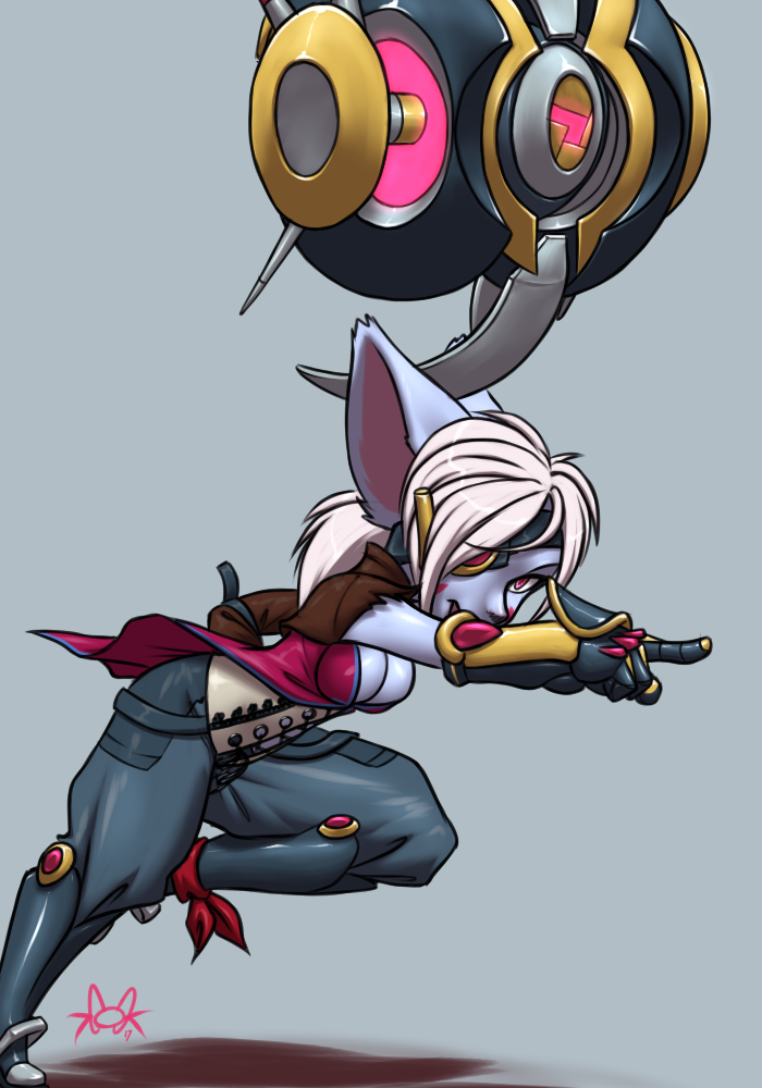 action_pose bottomwear breasts cleavage clothed clothing corset female gesture hair hand_gesture lingerie looking_at_viewer not_furry on_one_leg pants pointing ponytail pose running shirt simple_background solo standing topwear white_hair furball league_of_legends riot_games tencent wyla_(furball) yordle 2017