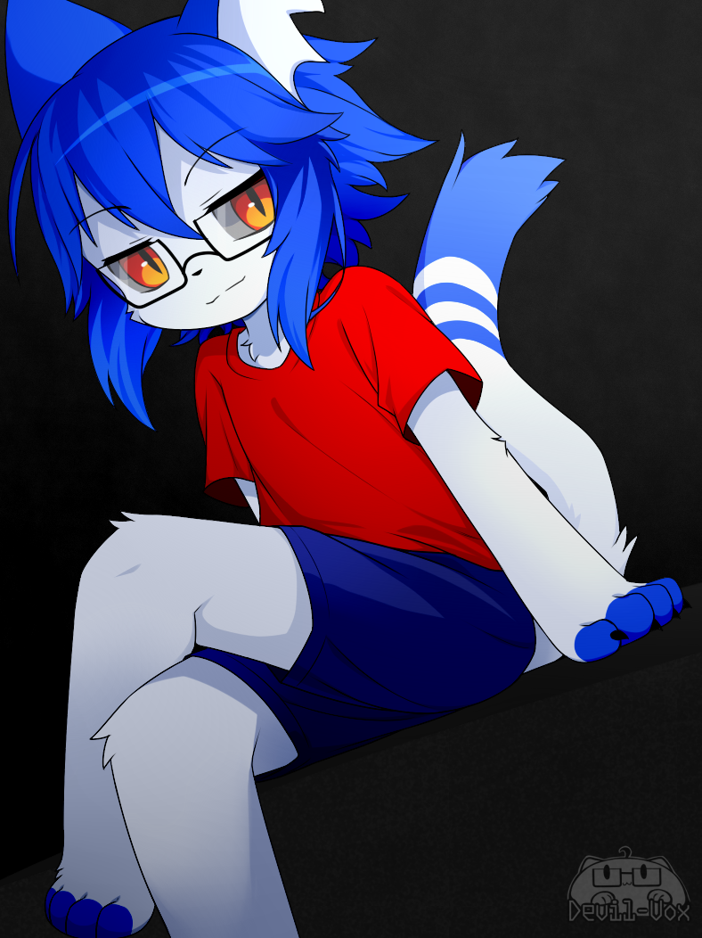 4_toes amber_eyes anthro arm_support barefoot biped black_claws black_nose blue_body blue_bottomwear blue_clothing blue_ears blue_fur blue_hair blue_shorts blue_tail bottomwear claws clothed clothing crossed_legs dutch_angle evil_grin eyewear feet finger_claws fur glasses hair kemono logo looking_at_viewer looking_down looking_down_at_viewer male markings monotone_hair multicolored_body multicolored_fur notched_ear rectangular_glasses red_clothing red_shirt red_t-shirt red_topwear ring_(marking) ringed_tail shirt shorts sitting smile smirk solo striped_markings striped_tail stripes t-shirt tail tail_markings toes topwear two_tone_body two_tone_fur two_tone_tail devil-vox devy_(devil-vox) domestic_cat felid feline felis mammal 2017 artist_logo artist_name digital_drawing_(artwork) digital_media_(artwork)