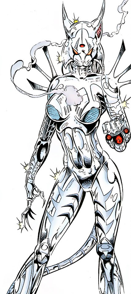 anthro armor breasts claws cybernetics featureless_breasts female looking_at_viewer machine metallic_body missile_launcher missile_pod red_eyes smoke solo spikes wrist_rocket wrist_weapon jim_balent dc_comics cyber_cat cyborg felid feline lynx mammal