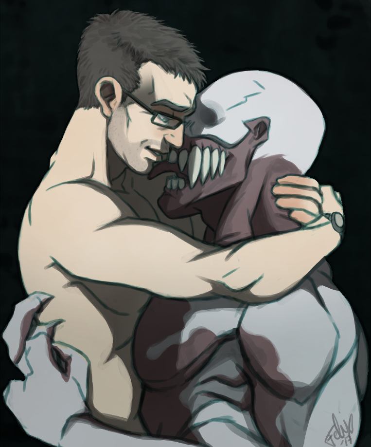 biceps duo eyewear glasses hug licking male male/male not_furry pecs sharp_teeth teeth tongue tongue_out felixfellow judah human humanoid mammal monster