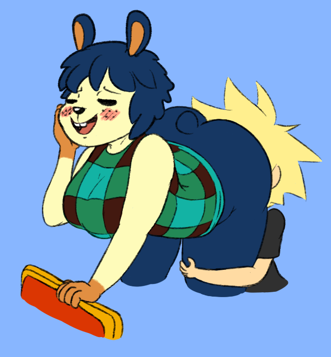 anthro bent_over big_breasts big_butt black_clothing black_nose black_shirt black_t-shirt black_topwear blonde_hair blue_background blue_body blue_ears blue_fur blue_hair blue_tail blush bottomless breasts brown_body brown_clothing brown_fur brown_topwear brown_vest buckteeth butt clothed clothing cunnilingus duo eyes_closed female female_focus fur green_clothing green_topwear green_vest hair hand_on_face hand_on_leg hand_on_own_face leg_grab looking_pleasured male male/female multicolored_body multicolored_clothing multicolored_fur multicolored_topwear multicolored_vest oral partially_clothed scut_tail sex shirt short_tail simple_background solo_focus t-shirt tail tan_body tan_ears tan_skin teeth thick_thighs three-quarter_view tongue topwear vaginal vest yellow_body yellow_fur roccorox animal_crossing nintendo pippy_(animal_crossing) human lagomorph leporid mammal rabbit 2017 digital_media_(artwork)