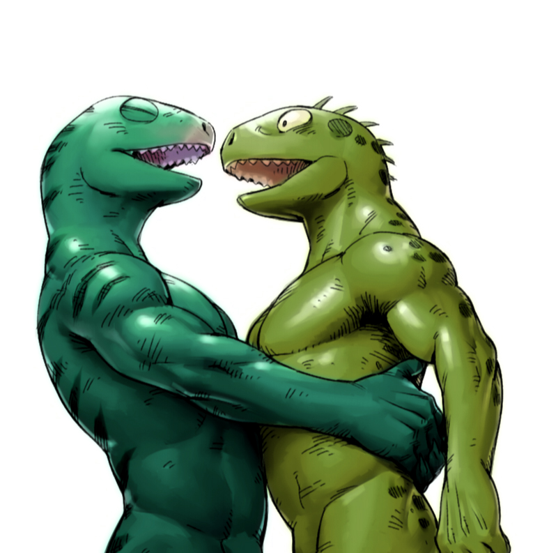 anthro biceps duo eyes_closed green_body green_scales hug male male/male muscular open_mouth pecs scales simple_background spikes standing teeth white_background fffffolder iguana iguanid lizard reptile scalie