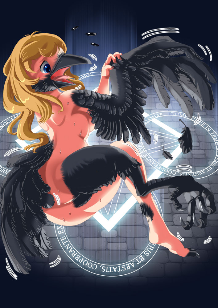 blonde_hair blue_eyes breasts butt female growth hair long_hair magic non-mammal_breasts nude open_mouth solo transformation wing_growth wings edmol avian bird corvid corvus_(genus) crow oscine passerine 2015