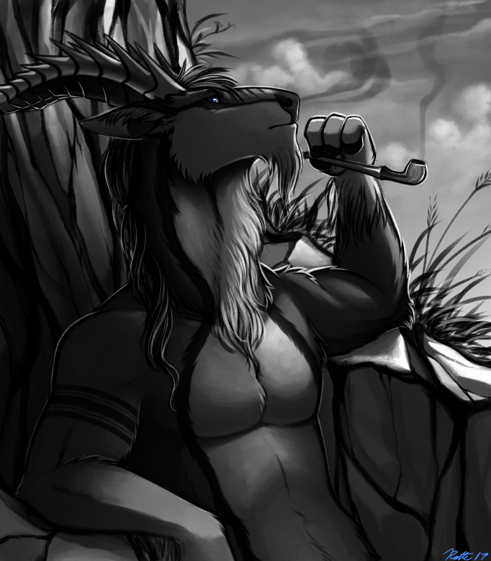 anthro cloud detailed_background horn male muscular muscular_anthro muscular_male outside pipe plant smoke smoke_from_nose smoking smoking_pipe solo conditional_dnp ratte legacy_(ratte) hyperion_(ratte) bovid caprine goat mammal ramiotran savanna_ramiotran 2017 digital_media_(artwork)