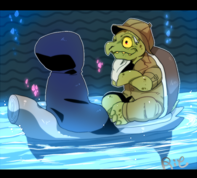 beard black_bars boat duo facial_hair male river vehicle water watercraft yellow_sclera rie_(artist) undertale undertale_(series) gerson river_person_(undertale) reptile scalie turtle 2016 letterbox